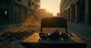 Weathered school supplies on an empty wooden desk with broken chains in an abandoned schoolyard at dusk