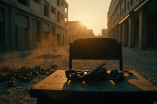 Weathered school supplies on an empty wooden desk with broken chains in an abandoned schoolyard at dusk
