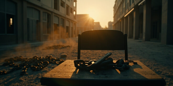 Weathered school supplies on an empty wooden desk with broken chains in an abandoned schoolyard at dusk