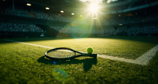 Abandoned tennis racket on manicured grass court under spotlight at historic championship venue