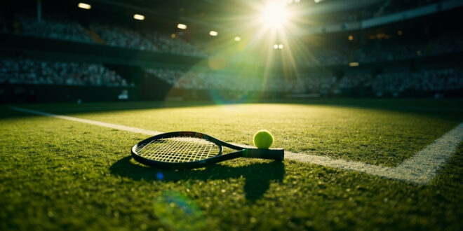 Abandoned tennis racket on manicured grass court under spotlight at historic championship venue