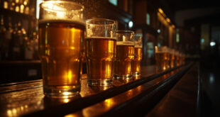 Row of empty pint glasses lined up on wooden bar counter in traditional British pub prepared for football match viewing
