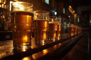 Row of empty pint glasses lined up on wooden bar counter in traditional British pub prepared for football match viewing