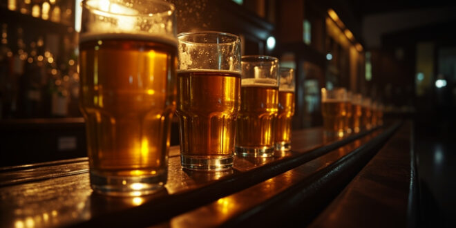 Row of empty pint glasses lined up on wooden bar counter in traditional British pub prepared for football match viewing