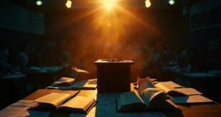 Empty lecture hall at golden hour with podium, scattered papers, and open books on professor's desk bathed in amber light.