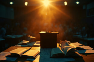 Empty lecture hall at golden hour with podium, scattered papers, and open books on professor's desk bathed in amber light.