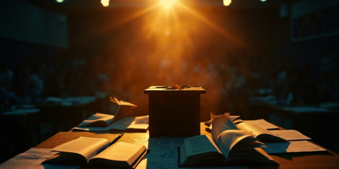 Empty lecture hall at golden hour with podium, scattered papers, and open books on professor's desk bathed in amber light.