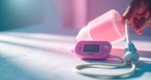 Pink glucose monitor and insulin pump displayed on clean white medical surface with soft lighting