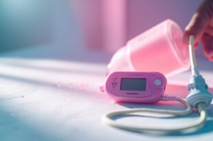 Pink glucose monitor and insulin pump displayed on clean white medical surface with soft lighting