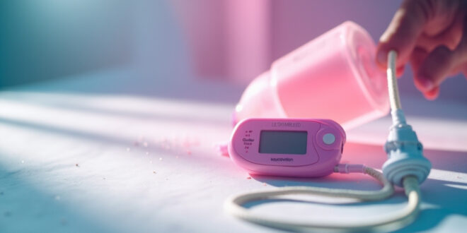 Pink glucose monitor and insulin pump displayed on clean white medical surface with soft lighting