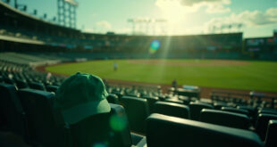 Empty front row seats at a deserted baseball stadium at twilight, with a green baseball cap left on one seat.