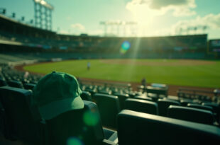 Empty front row seats at a deserted baseball stadium at twilight, with a green baseball cap left on one seat.