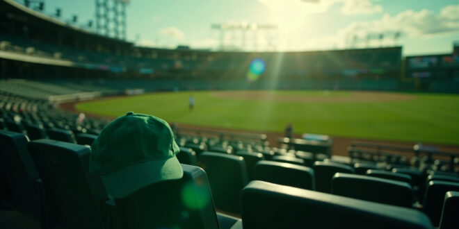 Empty front row seats at a deserted baseball stadium at twilight, with a green baseball cap left on one seat.