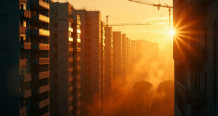 Empty high-rise apartment buildings and construction cranes silhouetted against golden hour light in Berlin cityscape