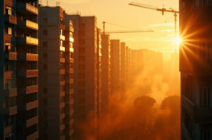Empty high-rise apartment buildings and construction cranes silhouetted against golden hour light in Berlin cityscape