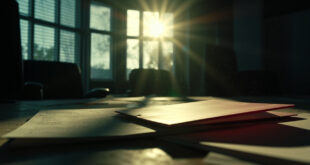 Classified documents and sealed envelope scattered across abandoned government desk at dusk, bathed in gray and red light.