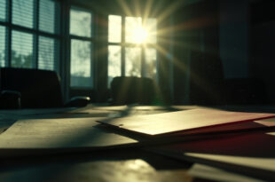 Classified documents and sealed envelope scattered across abandoned government desk at dusk, bathed in gray and red light.