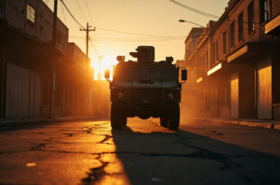 Empty armored military vehicle parked on deserted boulevard in abandoned urban district with closed shops at night