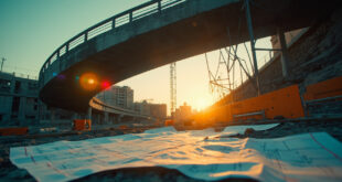 Abandoned bridge construction with sharp 90-degree angle at dusk, surrounded by warning barriers and marked blueprints