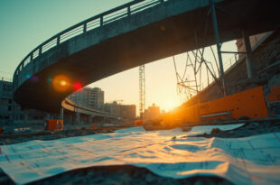 Abandoned bridge construction with sharp 90-degree angle at dusk, surrounded by warning barriers and marked blueprints