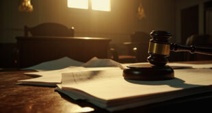 Empty wooden gavel and scattered legal documents on judge's bench in abandoned courtroom at dawn, symbolizing celebrity dispute