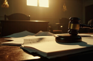 Empty wooden gavel and scattered legal documents on judge's bench in abandoned courtroom at dawn, symbolizing celebrity dispute
