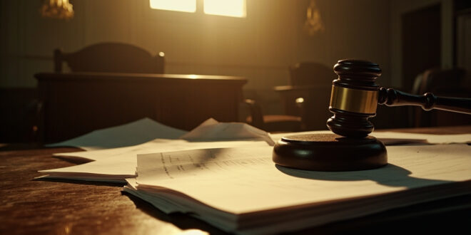 Empty wooden gavel and scattered legal documents on judge's bench in abandoned courtroom at dawn, symbolizing celebrity dispute