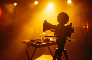 Vintage film camera on tripod in abandoned movie set at golden hour, with film reels on editing table bathed in amber light