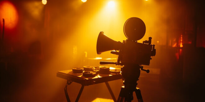 Vintage film camera on tripod in abandoned movie set at golden hour, with film reels on editing table bathed in amber light