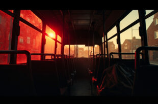 Abandoned schoolbag on empty bus seat at dusk, deserted double-decker interior bathed in somber gray and deep red light