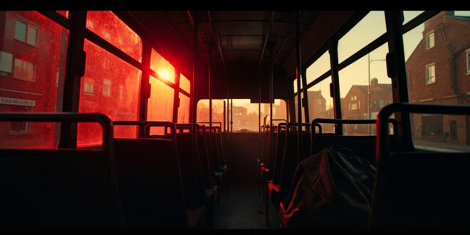 Abandoned schoolbag on empty bus seat at dusk, deserted double-decker interior bathed in somber gray and deep red light