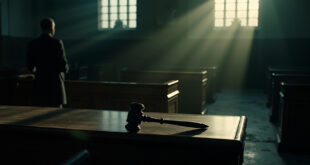 Empty courtroom with judge's gavel on bench and vacant witness stand in deserted courthouse after sentencing
