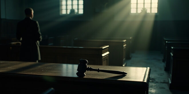 Empty courtroom with judge's gavel on bench and vacant witness stand in deserted courthouse after sentencing
