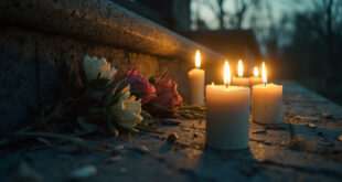 Unlit memorial candles and abandoned flowers on stone surface at dusk, commemorating victims of sexual violence