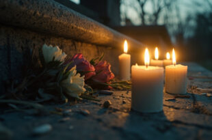 Unlit memorial candles and abandoned flowers on stone surface at dusk, commemorating victims of sexual violence