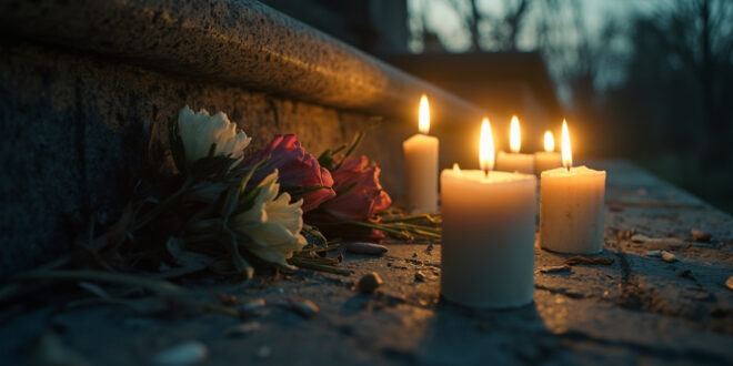 Unlit memorial candles and abandoned flowers on stone surface at dusk, commemorating victims of sexual violence