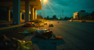 Scattered shopping bags on asphalt in an empty urban parking lot at dusk, with security camera overlooking the scene