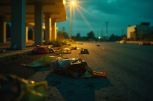 Scattered shopping bags on asphalt in an empty urban parking lot at dusk, with security camera overlooking the scene