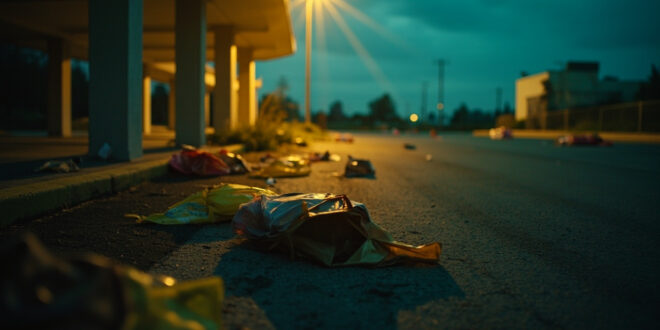 Scattered shopping bags on asphalt in an empty urban parking lot at dusk, with security camera overlooking the scene