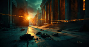 Abandoned crime scene at museum courtyard dusk, with police tape and scattered personal belongings under amber streetlight