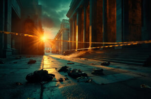 Abandoned crime scene at museum courtyard dusk, with police tape and scattered personal belongings under amber streetlight