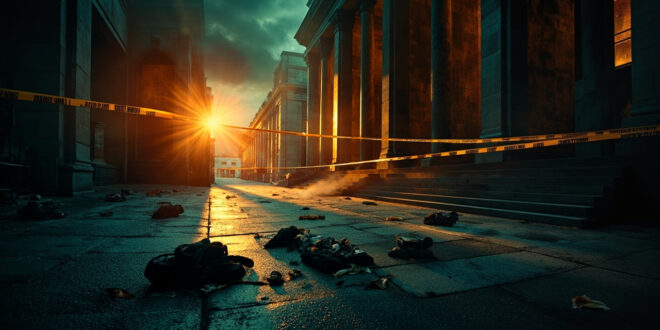 Abandoned crime scene at museum courtyard dusk, with police tape and scattered personal belongings under amber streetlight