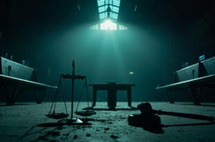 Abandoned gavel on courthouse steps with scales of justice on empty bench at deserted train station platform at dusk