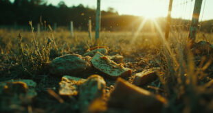 Moldy bread scattered across an empty fenced pasture in an abandoned rural meadow with warning signs