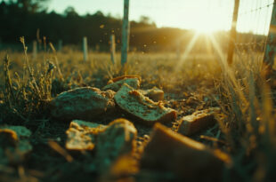 Moldy bread scattered across an empty fenced pasture in an abandoned rural meadow with warning signs