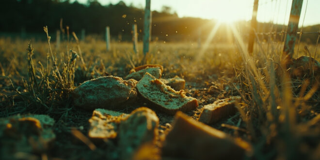 Moldy bread scattered across an empty fenced pasture in an abandoned rural meadow with warning signs