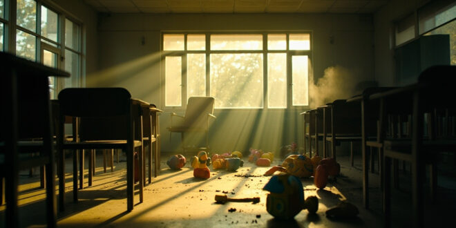Deserted kindergarten classroom with overturned chairs and scattered toys, bathed in muted yellow and gray light