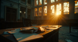 Legal documents scattered across an empty judge's bench in an abandoned courthouse at dusk, bathed in somber gray and gold light.