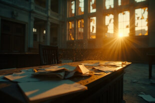 Legal documents scattered across an empty judge's bench in an abandoned courthouse at dusk, bathed in somber gray and gold light.