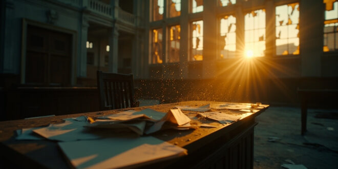 Legal documents scattered across an empty judge's bench in an abandoned courthouse at dusk, bathed in somber gray and gold light.